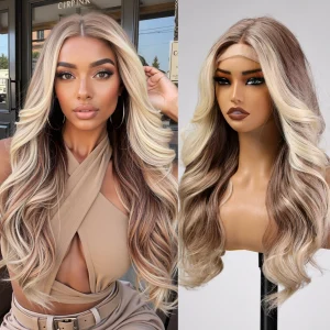 Perucas Peruca Sintética Longa Ondulada Loiro Mel com Mechas Marrons Lace Frontal Parte Média Natural | Loja dos Cabelos