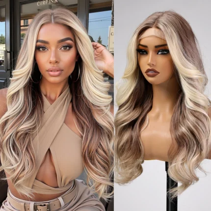 Perucas Peruca Sintética Longa Ondulada Loiro Mel com Mechas Marrons Lace Frontal Parte Média Natural | Loja dos Cabelos