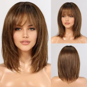 Perucas Peruca Curta em Linha Reta 12″ Ombre Marrom, Cabelo Humano Remy com Franja, Natural para Mulheres | Loja dos Cabelos