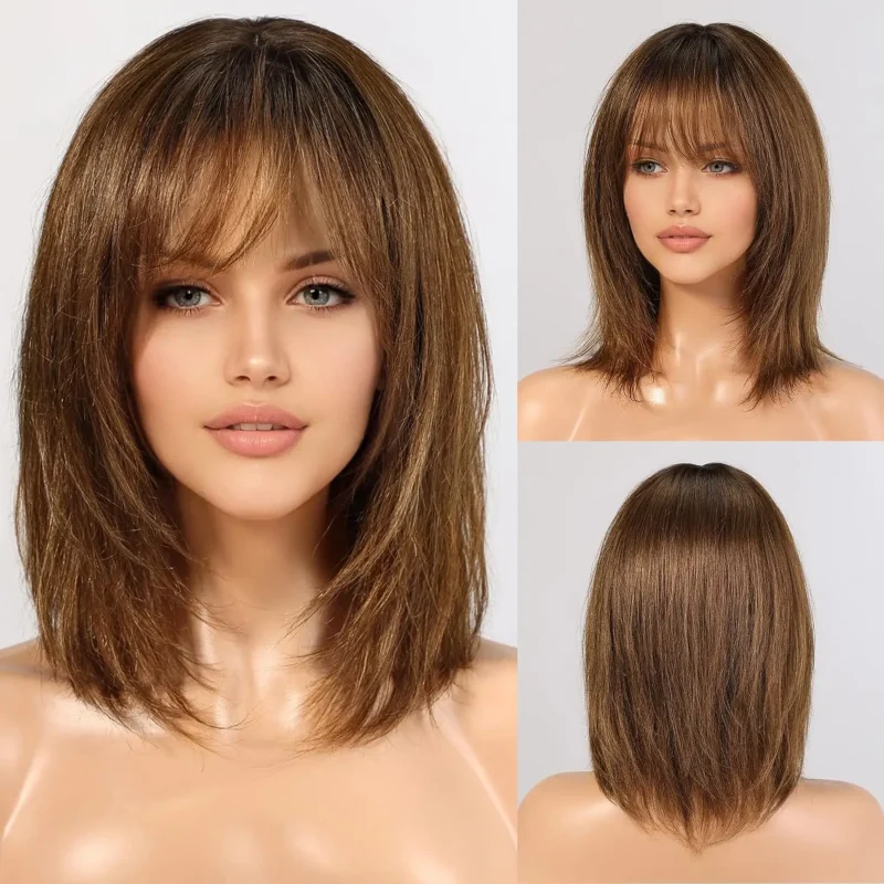 Perucas Peruca Curta em Linha Reta 12″ Ombre Marrom, Cabelo Humano Remy com Franja, Natural para Mulheres | Loja dos Cabelos