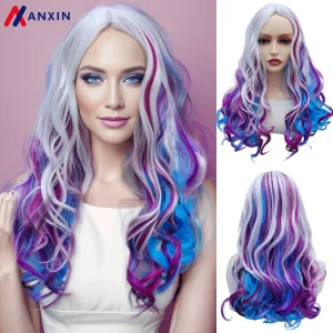 Perucas Peruca Longa Cacheada Colorida – Azul, Roxo e Branco para Festas e Cosplay | Loja dos Cabelos