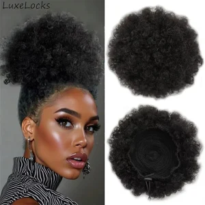 Rabo de Cavalo Rabo de Cavalo Afro Puff Curto Encaracolado 100% Cabelo Humano Natural Preto 1B com Cordão e Dois Clipes | Loja dos Cabelos