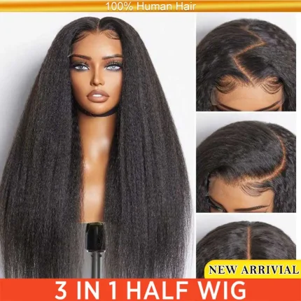 Perucas Meia Peruca 3 em 1 de Cabelo Humano Kinky Reta – Ajuste Confortável, Natural e Sem Cola | Loja dos Cabelos