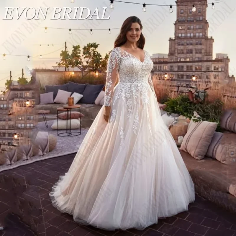 Vestidos de Cerimónia Vestido de Noiva Plus Size EVON BRIDAL com Mangas Longas e Decote em V Modelo A-Line | Loja dos Cabelos
