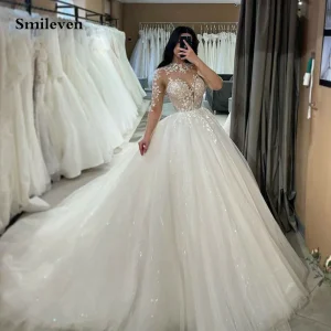 Vestidos de Cerimónia Vestido de Noiva Smileven 2024 A-Line em Tule com Renda, Mangas Longas, Decote Alto, Apliques e Glitter | Loja dos Cabelos