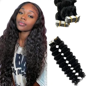 Extensões de cabelo Natural Extensão de Cabelo Humano Brasileiro com Fita Adesiva – Onda de Água Encaracolada Profunda, 20–40 Peças | Loja dos Cabelos