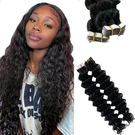 Extensões de cabelo Natural Extensão de Cabelo Humano Brasileiro com Fita Adesiva – Onda de Água Encaracolada Profunda, 20–40 Peças | Loja dos Cabelos