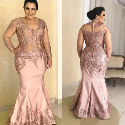 Vestidos de Cerimónia Vestido de Mãe da Noiva Rosa Blush em Renda com Apliques e Mangas Longas – Modelo Sereia 2024 | Loja dos Cabelos