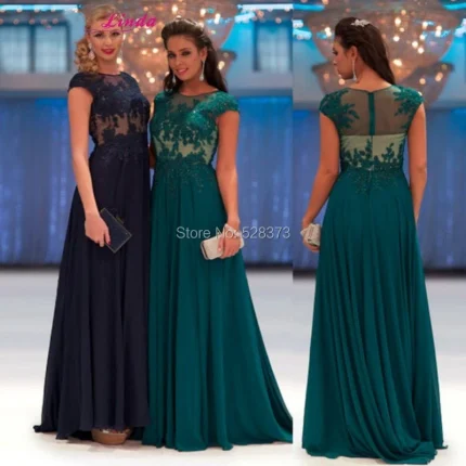 Vestidos de Cerimónia Vestido Elegante Linha A YNQNFS MD49 em Chiffon – Manga Curta, Azul Marinho/Verde Cerceta, para Mãe da Noiva ou do Noivo | Loja dos Cabelos
