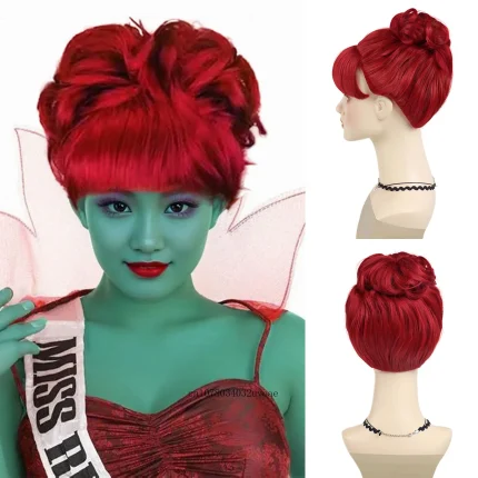 Perucas Peruca Sintética Vermelha Curta Encaracolada com Franja e Coque – Fantasia de Halloween e Cosplay, Resistente ao Calor | Loja dos Cabelos
