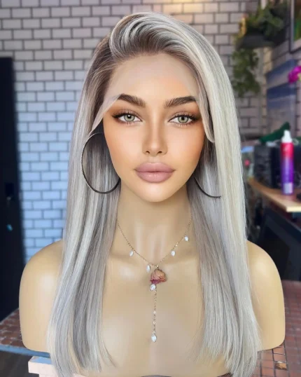 Perucas Peruca Reta Loira Platinada com Mechas Marrons 13×4 Lace Frontal Sem Cola 100% Cabelo Humano | Loja dos Cabelos