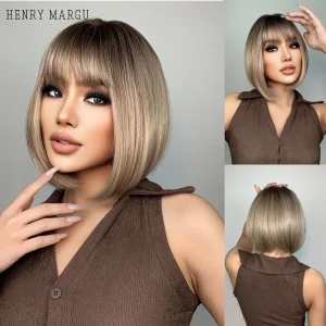 Perucas Peruca Sintética Curta Estilo Bob Ombre Marrom com Loiro e Franja para Mulheres | Resistente ao Calor | Cosplay e Lolita | Loja dos Cabelos