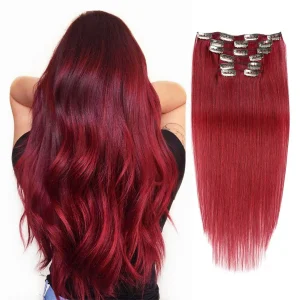 Extensões de cabelo Natural Extensões de Cabelo Humano Natural Borgonha Vermelho Vinho com Grampos 7 Peças 14–18 Polegadas | Loja dos Cabelos