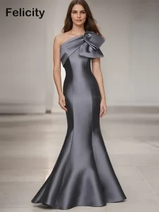 Vestidos de Cerimónia Vestido Sereia de Cetim com Um Ombro e Laço – Elegante para Mãe da Noiva 2025 | Loja dos Cabelos