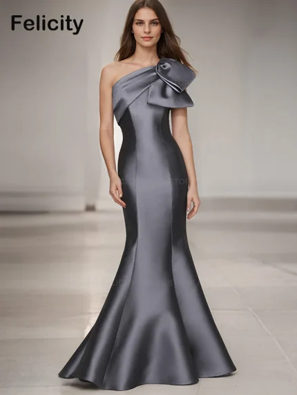 Vestidos de Cerimónia Vestido Sereia de Cetim com Um Ombro e Laço – Elegante para Mãe da Noiva 2025 | Loja dos Cabelos