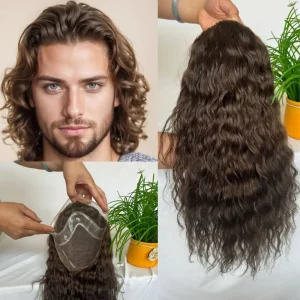 Perucas Peruca Masculina Toupee de Cabelo Humano – Sistema de Renda Mono com PU, Castanho Ondulado 12″, Estilo Europeu | Loja dos Cabelos