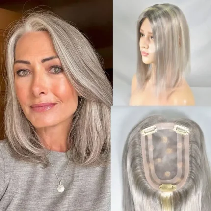 Perucas Topper de Cabelo Humano Europeu Feminino Cinza P613 – Base Mono de Renda 4×6 com Clipes para Volume e Cobertura | Loja dos Cabelos