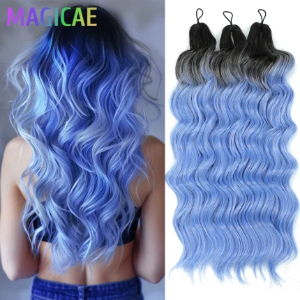 Extensões de cabelo Sintético Extensões Sintéticas Onduladas para Trança Crochê Anna – 3 Peças, 24 Polegadas, 300g, Cores Ombre Azul e Amarelo, Arco-íris, Onda Profunda Solta | Loja dos Cabelos