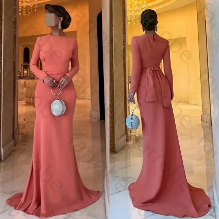 Vestidos de Cerimónia Vestido Longo Rosa Coral Elegante para Mãe da Noiva – Manga Longa com Decote em Jóia para Casamento e Festa | Loja dos Cabelos