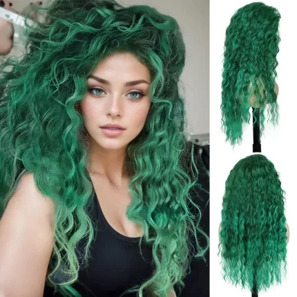 Perucas Peruca Verde Longa Encaracolada 28 Polegadas – Fibra Sintética Macia Estilo Onda Natural para Cosplay Feminino | Loja dos Cabelos