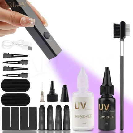 Cosméticos e outros produtos de beleza Kit de Extensão de Cabelo ARLANY com Lâmpada UV, Cola e Removedor UV, Protetores Anti-UV e Ferramentas Profissionais | Loja dos Cabelos