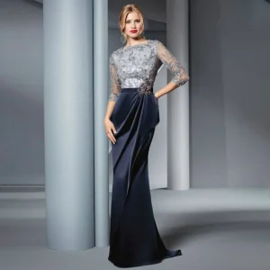 Vestidos de Cerimónia Vestido Longo Sereia de Cetim com Mangas 3/4 e Cinto – Elegante para Mãe do Noivo 2025 | Loja dos Cabelos