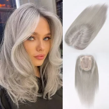 Perucas Topper de Cabelo Humano Cinza 14” para Mulheres – Mono com Plutônio Invisível e Destaque Loiro, Clip-in Extensões e Peruca | Loja dos Cabelos