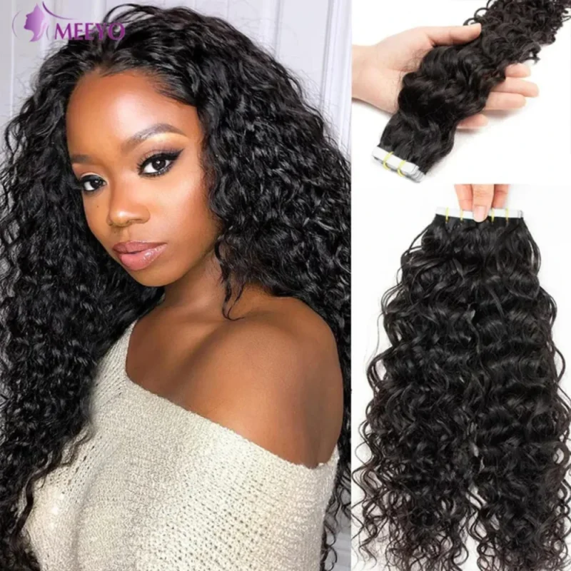 Extensões de cabelo Natural Extensões de Cabelo Humano Brasileiro 100% com Fita Adesiva – Onda Profunda, Cacheado Natural Preto para Mulheres | Loja dos Cabelos