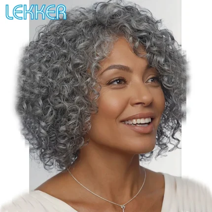 Perucas Peruca Afro Curta Cinza Encaracolada Bob 100% Cabelo Humano Brasileiro Remy Sem Cola | Loja dos Cabelos