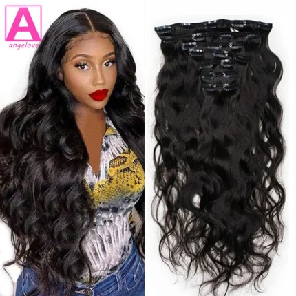 Extensões de cabelo Natural Extensões de Cabelo Humano Brasileiro com Grampo – Onda Natural Preta Remy 8 Peças 120g 8–26 Polegadas | Loja dos Cabelos