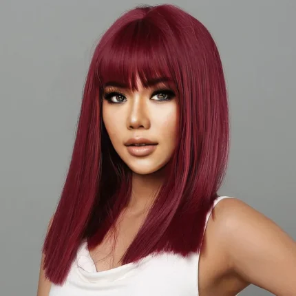 Perucas Peruca Feminina Longa Vermelho Vinho com Franja – Cabelo Liso de Fibra Sintética Seda, Resistente a Alta Temperatura | Loja dos Cabelos