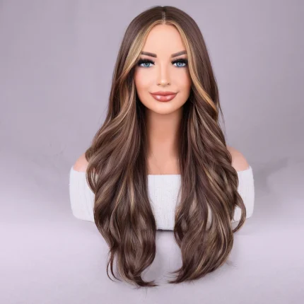Perucas Peruca Sintética Longa Ondulada com Mechas em Marrom – Cabelo Encaracolado Resistente ao Calor para Uso Diário | Loja dos Cabelos