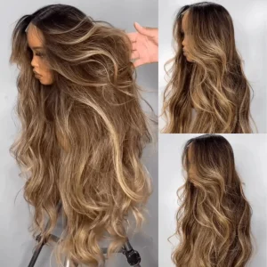 Perucas Peruca Longa Ondulada Ombre Loiro 26 Polegadas – Lace Front Natural sem Cola com Baby Hair para Uso Diário | Loja dos Cabelos