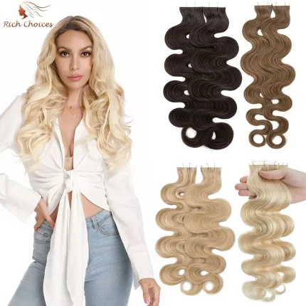 Extensões de cabelo Natural Extensões Adesivas de Cabelo Humano Ondulado para Mulheres – Fita de Pele Natural, 14 a 24 Polegadas, 20 Peças | Loja dos Cabelos