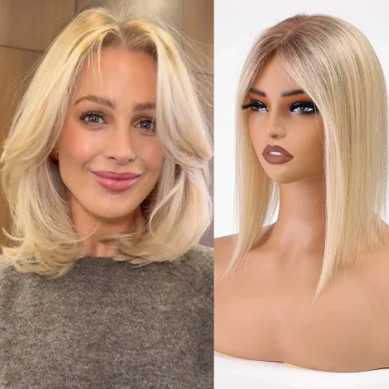 Perucas Topper de Cabelo Humano 100% Remy Loiro com Raiz Escura 14 Polegadas Base de Renda com Presilhas para Mulheres | Loja dos Cabelos