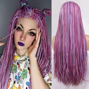 Perucas Peruca Trançada Box Rosa com Mechas – 28 Polegadas, Estilo Deusa, Frente de Renda Sintética para Mulheres | Loja dos Cabelos
