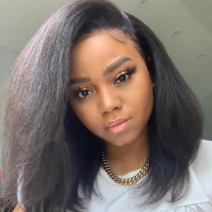Perucas Peruca Bob Curta de Cabelo Humano 100% Liso Kinky Yaki – Frente de Renda HD Transparente, Sem Cola, Pronta para Usar | Loja dos Cabelos