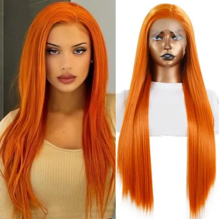 Perucas Peruca Laranja Longa Reta Sintética – Frente de Renda, Sem Cola, Ideal para Festa e Cosplay Feminino | Loja dos Cabelos