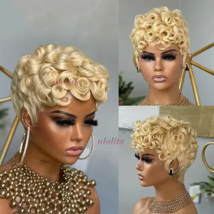 Perucas Peruca Curta Encaracolada Loiro Mel 613 – Corte Pixie de Cabelo Humano para Mulheres Negras | Loja dos Cabelos