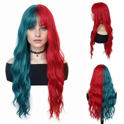 Perucas Peruca Sintética Longa Encaracolada para Mulheres – Vermelha com Azul e Verde, Franja, para Cosplay, Anime, Halloween e Fantasias | Loja dos Cabelos