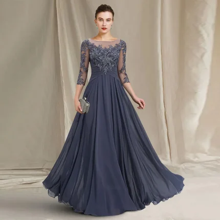 Vestidos de Cerimónia Vestido de Mãe da Noiva em Chiffon 2025 com Renda e Apliques – Modelo Linha A, Elegante para Festa de Casamento | Loja dos Cabelos