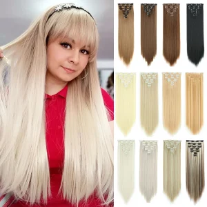 Extensões de cabelo Sintético Extensões de Cabelo Sintético Ondulado Longo com 16 Grampos – 7 Peças Resistentes ao Calor em Tons Naturais, Laranja e Dourado para Mulheres | Loja dos Cabelos