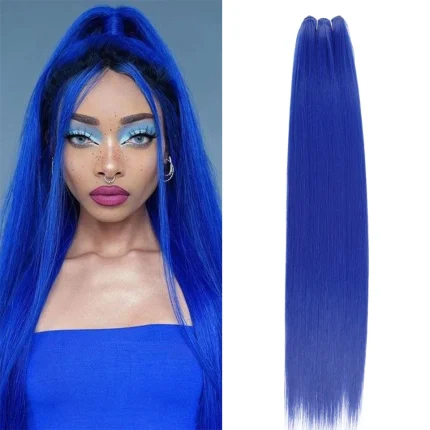 Extensões de cabelo Sintético Extensões de Cabelo Azul Liso Sintético Yaki – Fibra Natural Colorida para Tecelagem Completa | Loja dos Cabelos