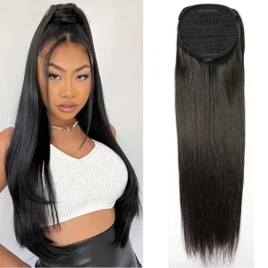 Rabo de Cavalo Rabo de Cavalo Liso em Cabelo Humano 100% Remy — Extensão Envoltório com Cordão Preto Natural | Loja dos Cabelos