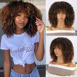 Perucas Peruca Afro Sintética Curta para Mulheres – Bob Cacheado com Franja, Marrom, Ideal para Uso Diário e Festas | Loja dos Cabelos