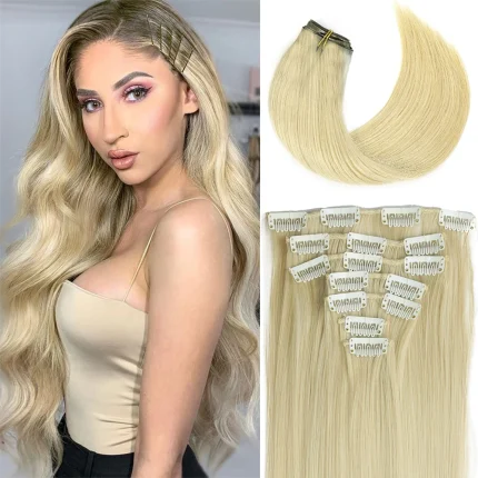 Extensões de cabelo Sintético Extensão de Cabelo Sintética Ondulada 24 Polegadas – 7 Peças com 16 Clipes, Loiro Natural, Preto ou Castanho, Fibra Resistente ao Calor | Loja dos Cabelos