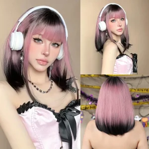 Perucas Peruca Sintética Bob Ombre Preto-Rosa com Franja — Visual Natural, Resistente ao Calor, Ideal para Moda, Cosplay e Estilo Lolita | Loja dos Cabelos