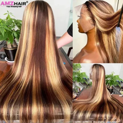 Perucas Peruca de Cabelo Humano Loiro Mel com Mechas – Lace Frontal 13×4 ou 13×6, Liso, Pré-Arrancada para Mulheres | Loja dos Cabelos
