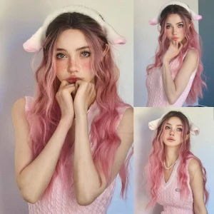 Perucas Peruca Sintética Longa Rosa Ombre – Onda de Água, Divisão ao Meio e Resistente ao Calor para Festa, Halloween e Cosplay | Loja dos Cabelos
