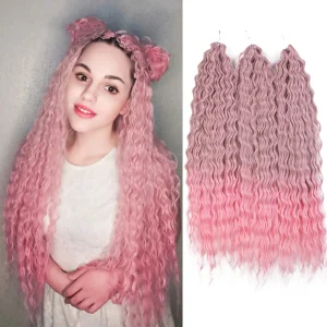Extensões de cabelo Sintético Extensão de Cabelo Sintético Ariel 24″ – Onda de Água Profunda, Torção Crochet, Ombré Loiro e Rosa | Loja dos Cabelos